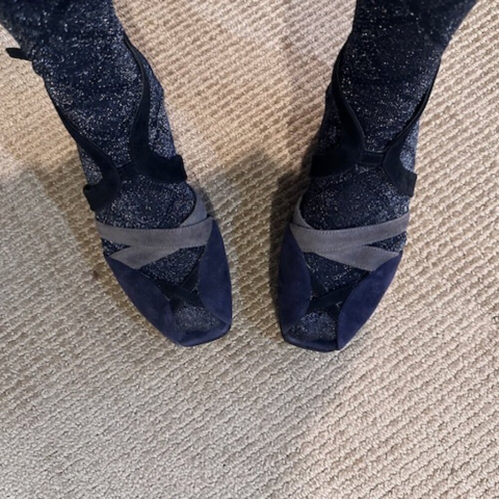 Prada Women's Sandals Size 38.5 Navy Grey Black Suede Wedge Ankle Strap Shoe